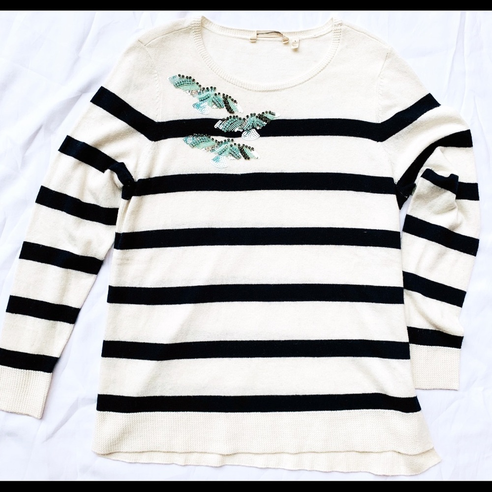 Soft Surroundings Bye bye birdie sweater wool blend cream navy blue stripe L new